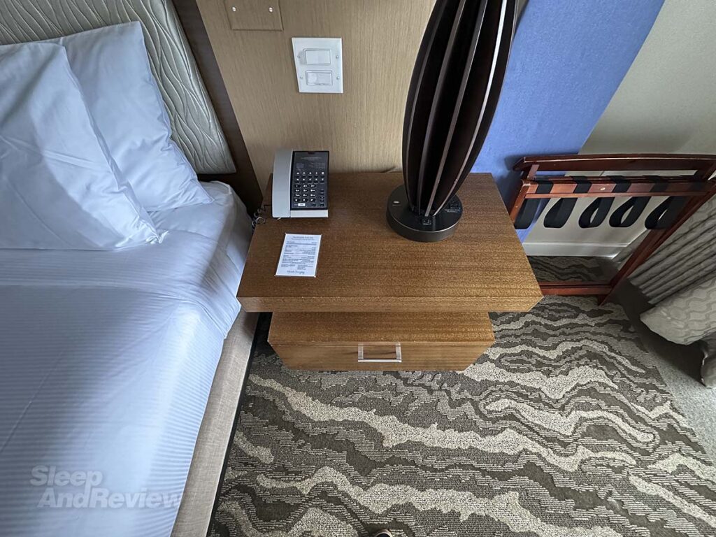 Side table in the bedroom in my studio suite at the Inverness Denver Hotel
