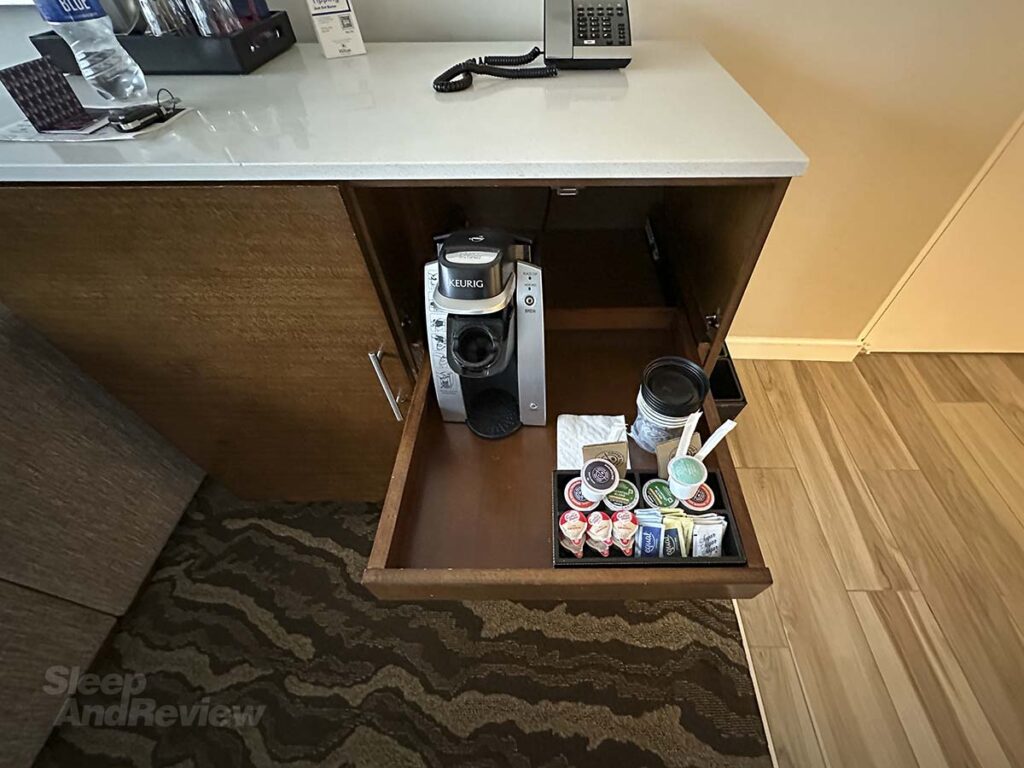 Keurig coffee maker in my room at the Inverness Denver Hotel
