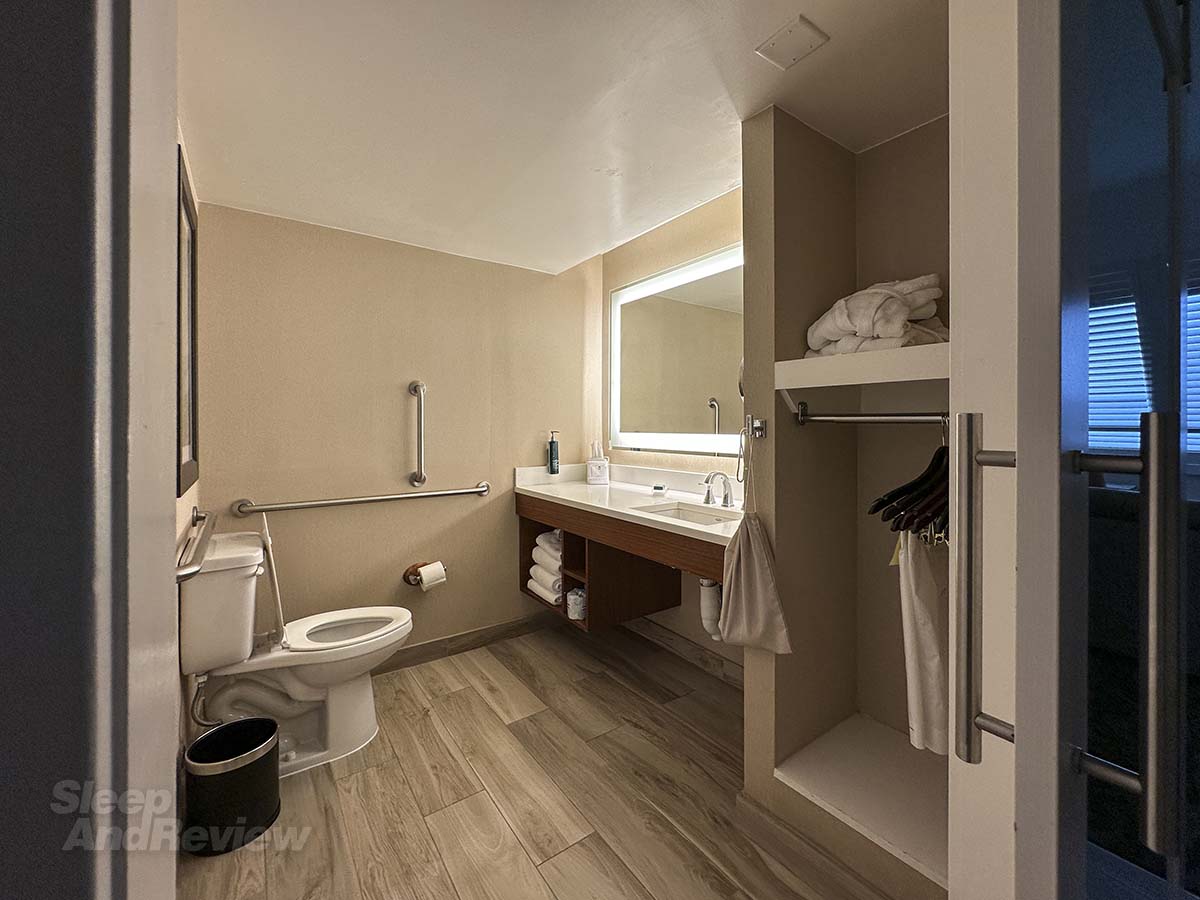 The bathroom in my studio suite at the Inverness Denver Hotel
