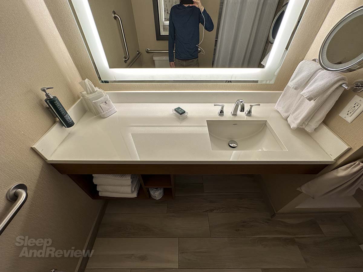 Bathroom sink in my room at the Inverness Denver Hotel