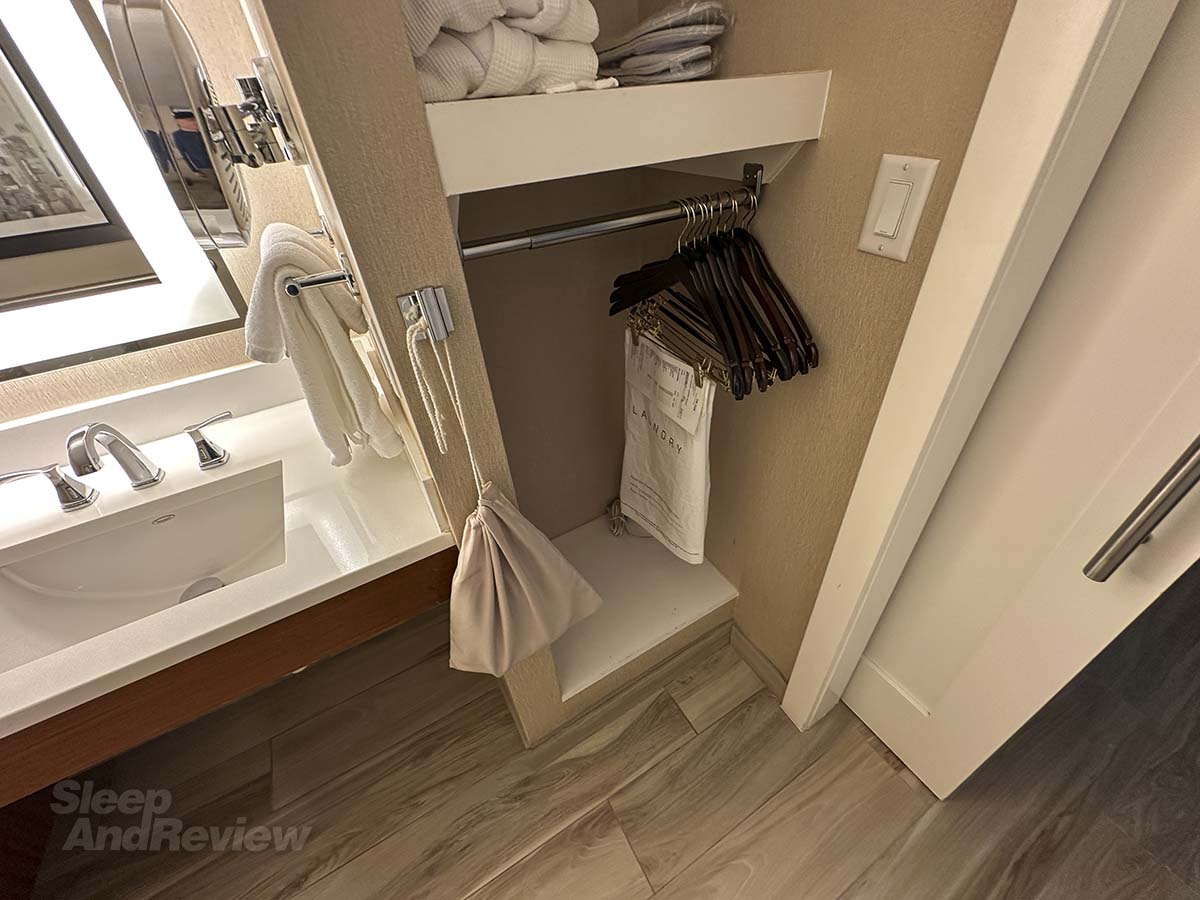 The closet in the bathroom in my room at the Inverness Denver Hotel
