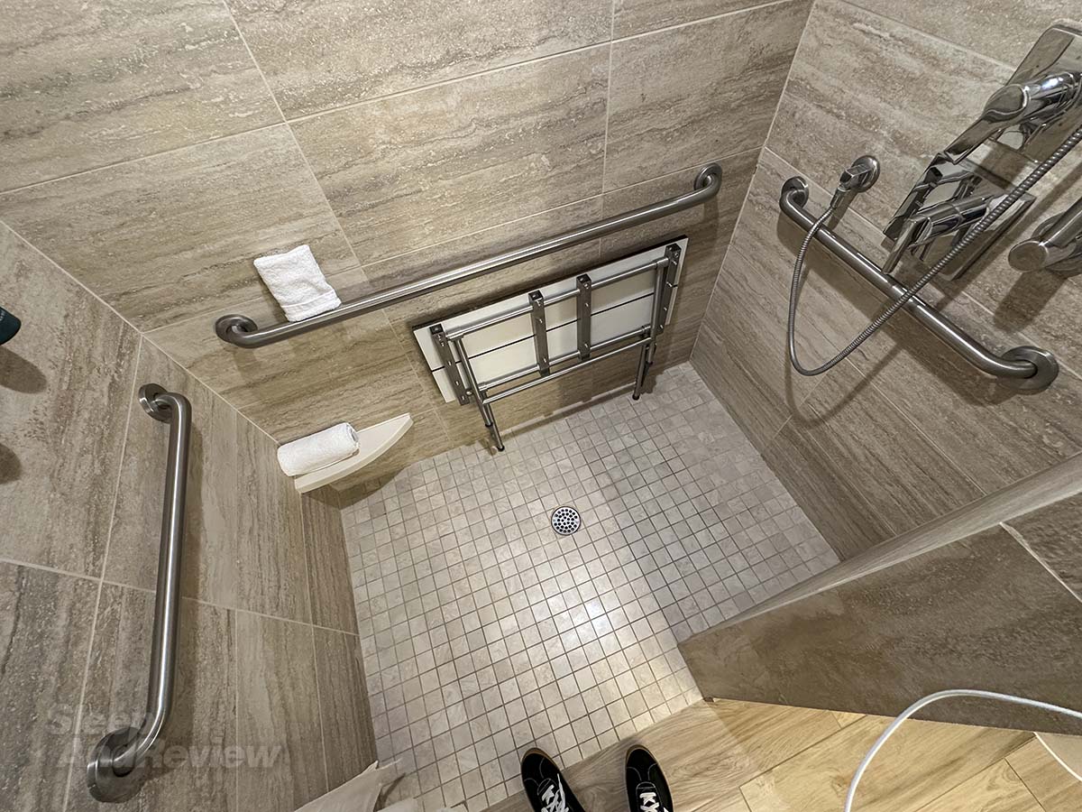 Full size shower in my studio suite at the Inver Denver Inverness Hotel