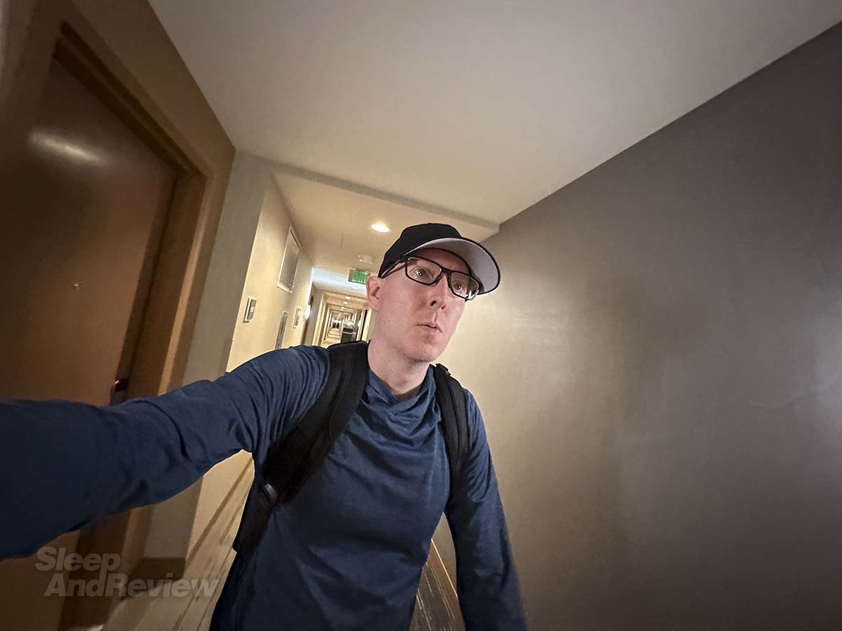 Scott Leazenby walking to his room on the 9th floor at the Westin hotel Denver Airport