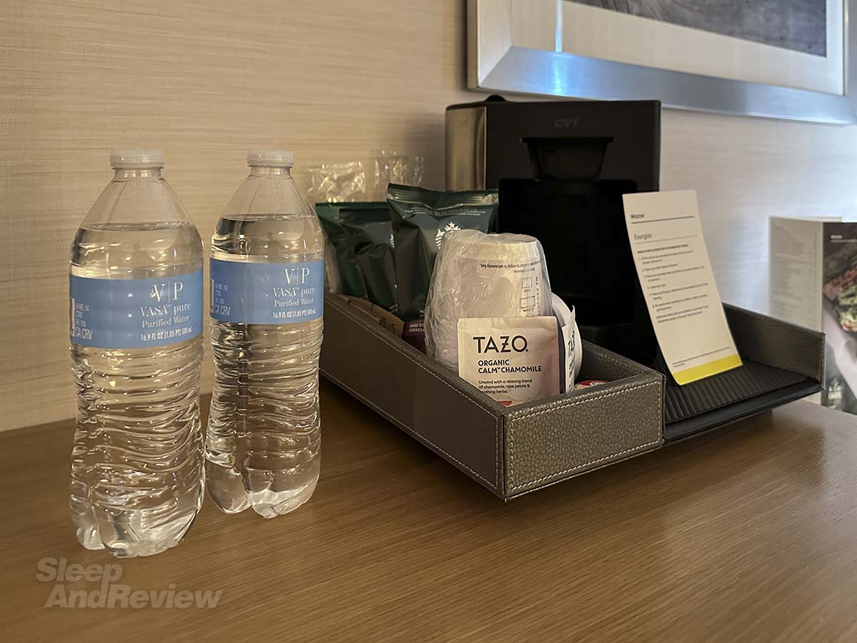 Complementary bottles of water in my room at the Westin Denver airport