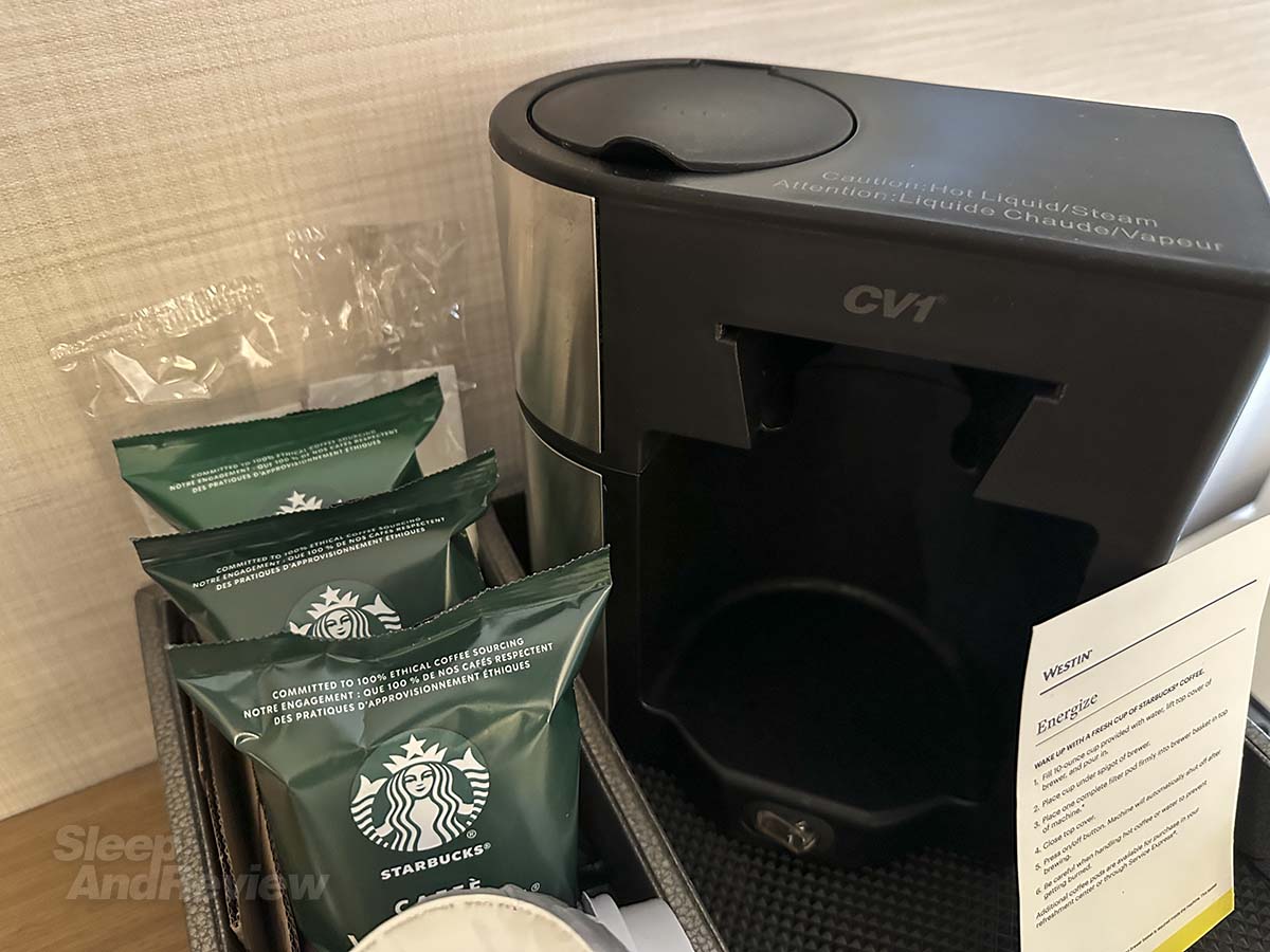 Starbucks coffee and hot water maker in my room at the West Denver airport