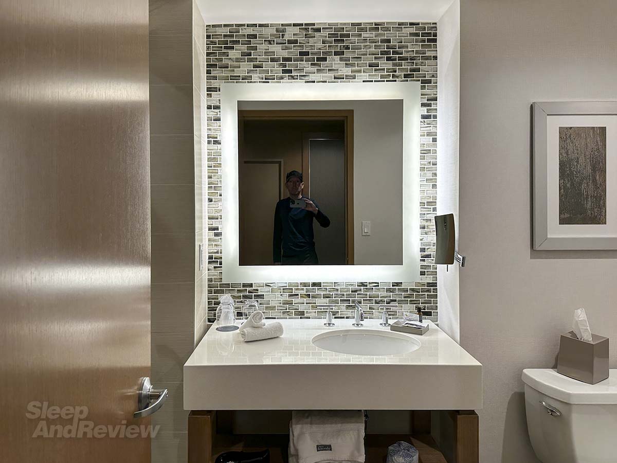 Bathroom vanity and mirror in my room at the Westin hotel Denver airport