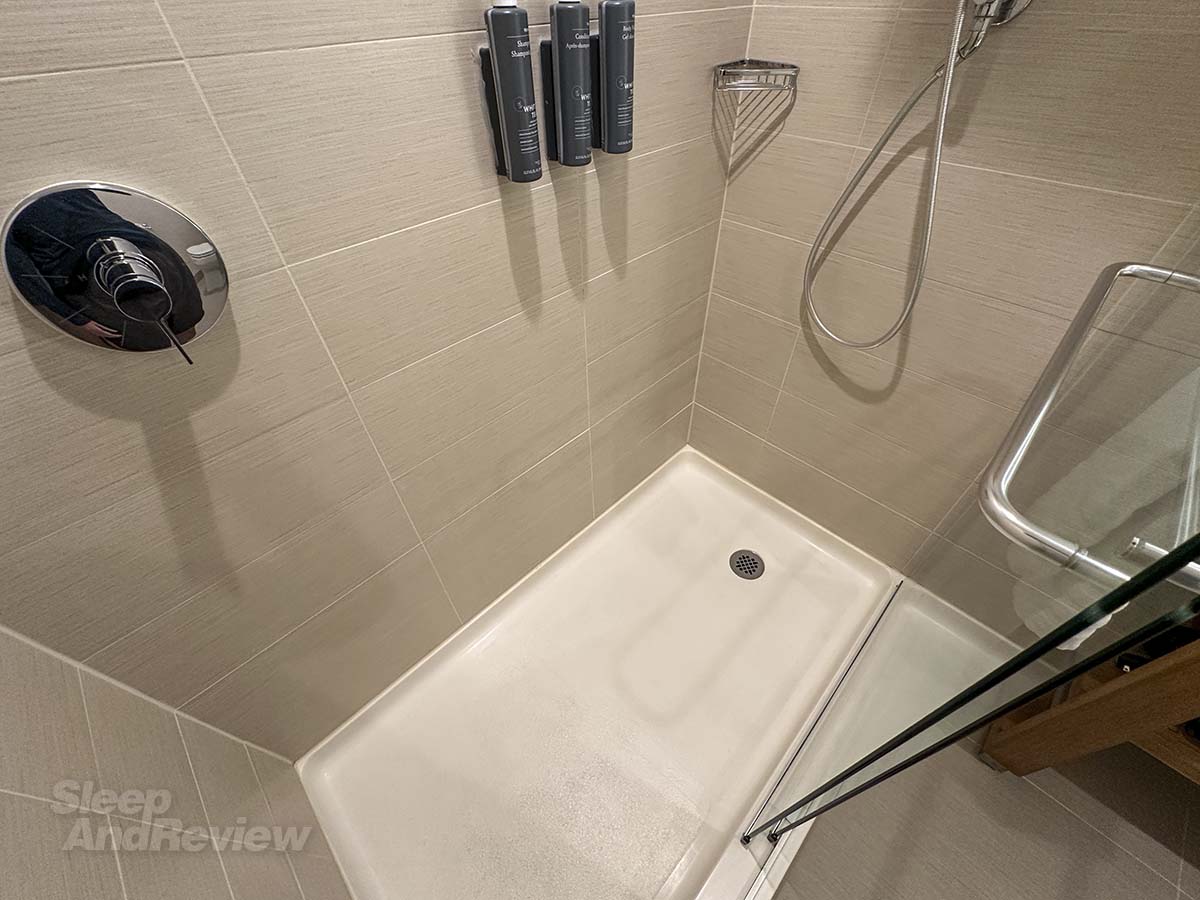 Shower in the bathroom in my room at the Westin Denver airport