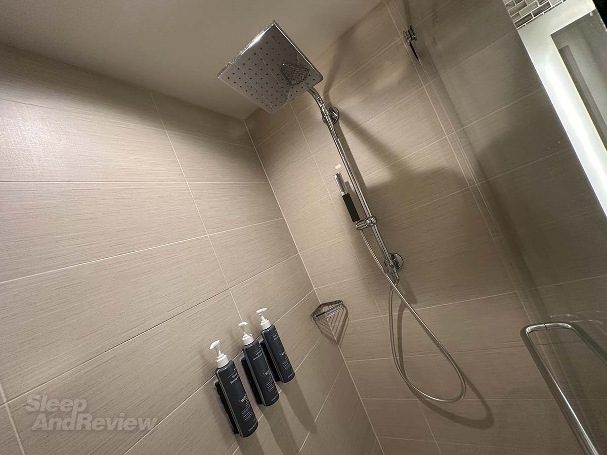 Showerhead in the shower in the bathroom in my room at the Westin Denver airport