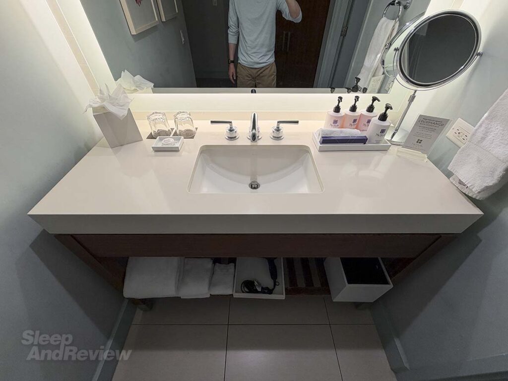 Bathroom vanity with soap and lotions in my room at the Hyatt Regency Waikiki Resort and Spa