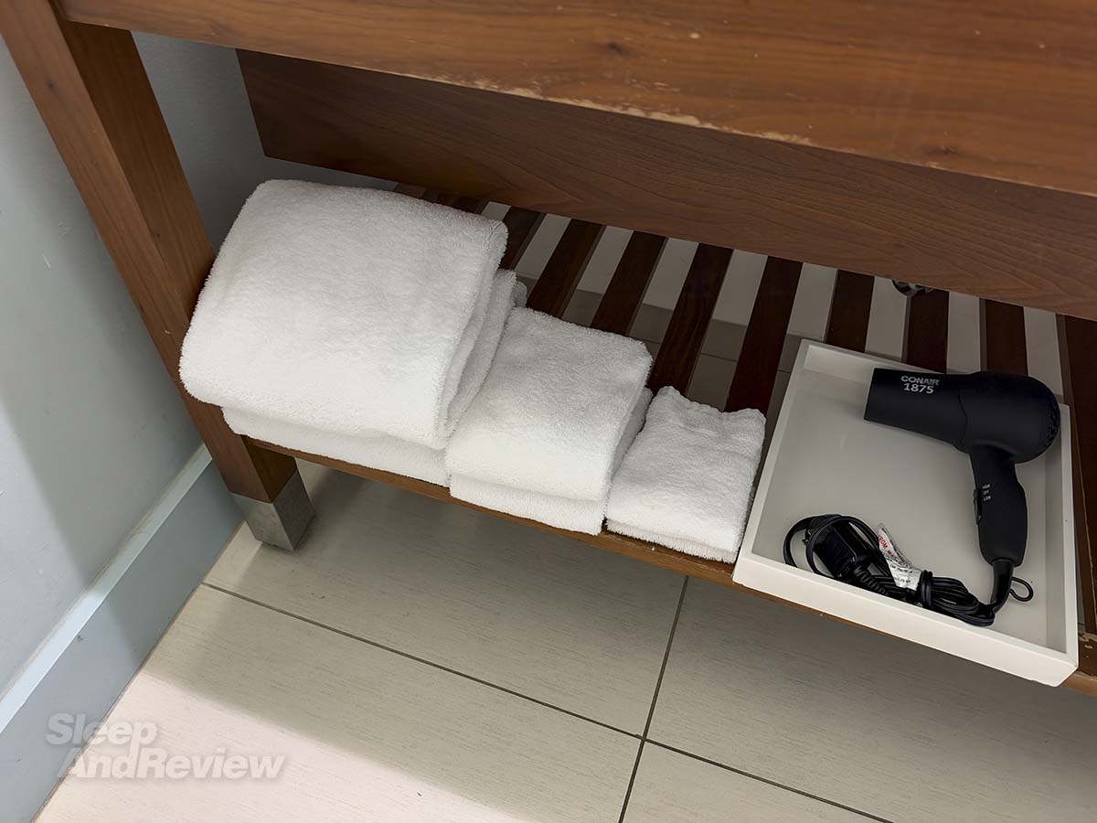 Bath towels in the bathroom in my room at the Hyatt Regency Waikiki Resort and Spa