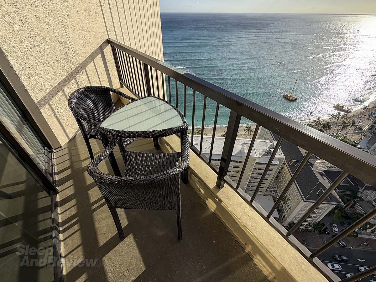 The balcony with an ocean view in my room at the Hyatt Regency Waikiki Resort and Spa