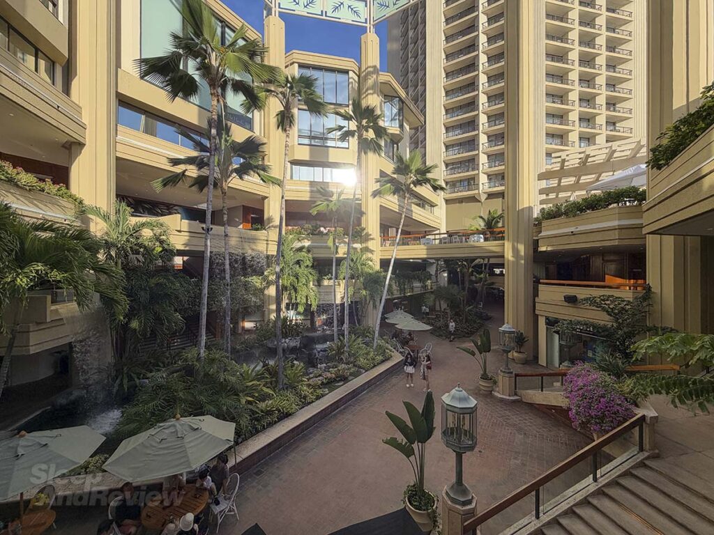 Shops and restaurants in the lobby of the Hyatt Regency Waikiki Resort and Spa