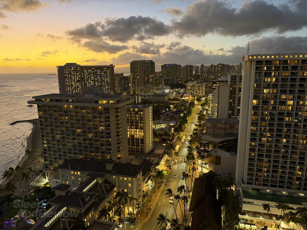 View of Waikiki at night from my 30th floor room at the Hyatt Regency Waikiki Resort and Spa