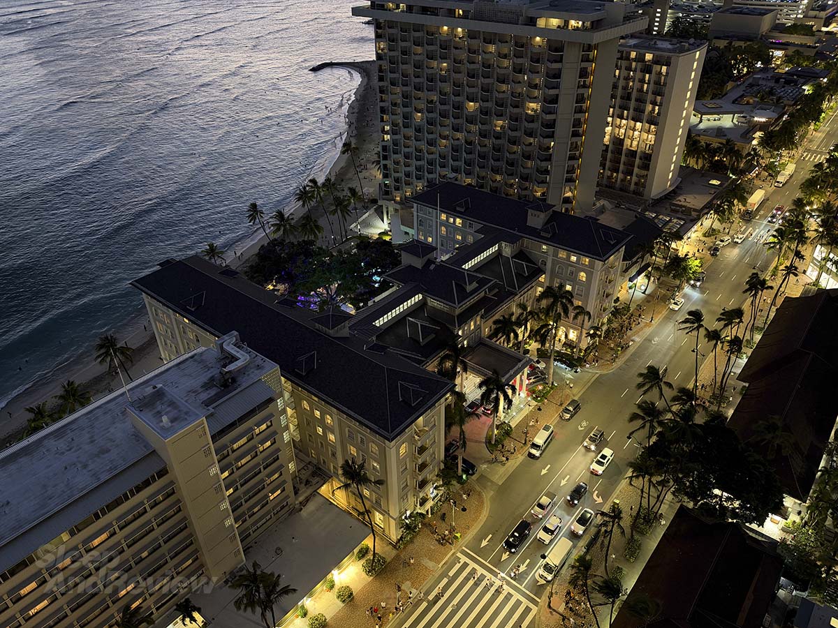 Looking down on the Moana surf Rider hotel from my 30th floor room at the Hyatt Regency Waikiki Resort and Spa